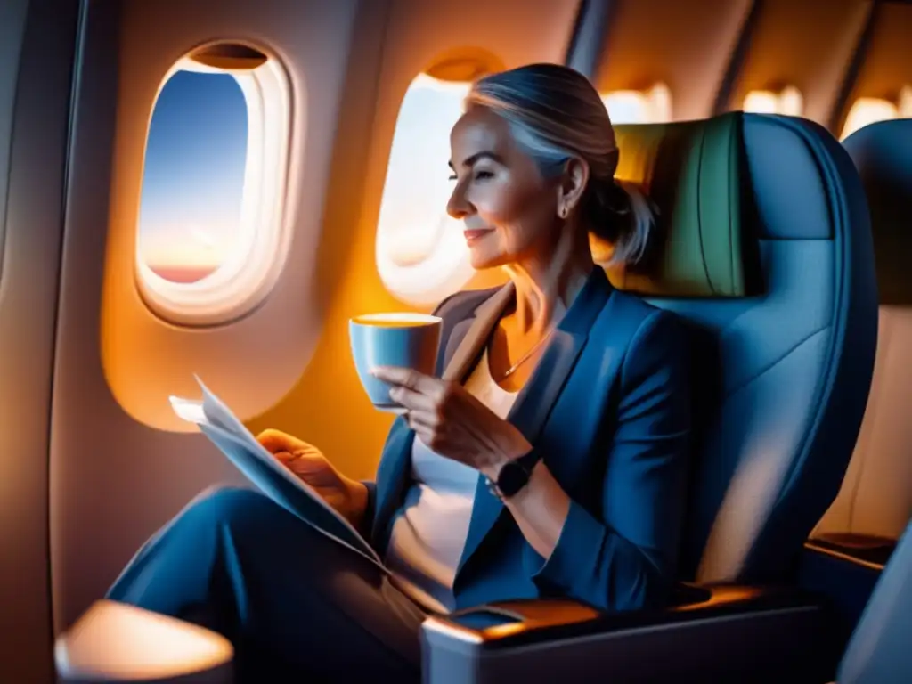 Viajero relajado en avión disfruta de puesta de sol Un viajero maduro relajado en un asiento de avión, con pasaporte y té de hierbas, disfrutando de una vista panorámica de una puesta de sol vibrante