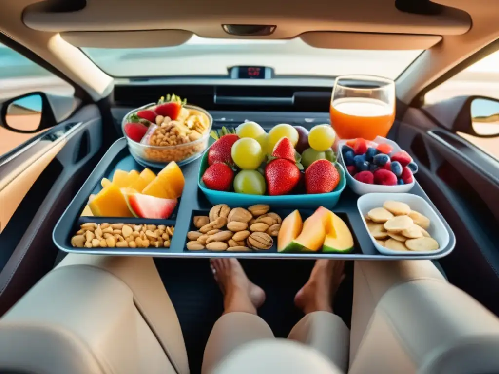 Viajero disfrutando de snacks saludables en el auto Snacks saludables para viajeros maduros: variedad de frutas, nueces y bienestar en carretera