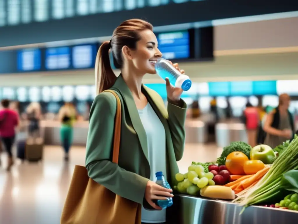 Viajero saludable en aeropuerto con comida nutritiva Viajero en aeropuerto con comida saludable y consejos para alimentación durante viajes