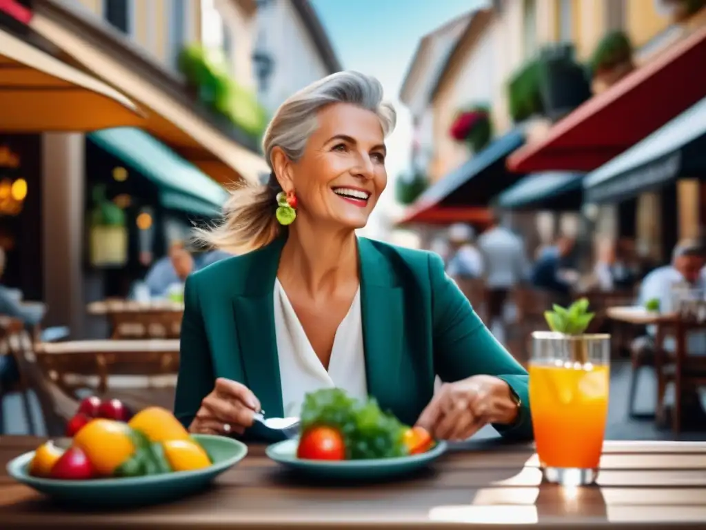 Viajero disfrutando comida saludable en una cafetería europea Alimentos saludables para viajeros maduros en encantadora escena de café al aire libre en una ciudad europea bulliciosa