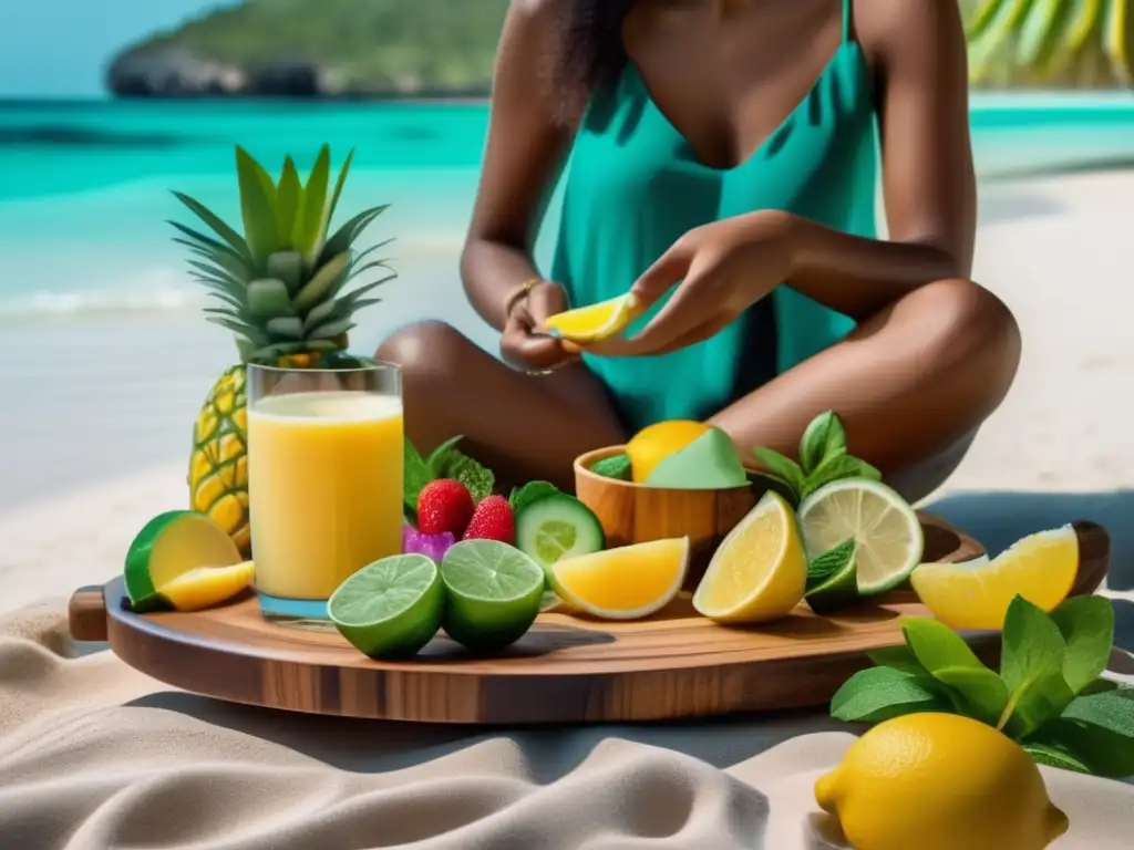 Viajero saludable disfrutando en la playa Viajero disfrutando de merienda saludable en hermosa playa - Consejos para mantener peso saludable viaje largo