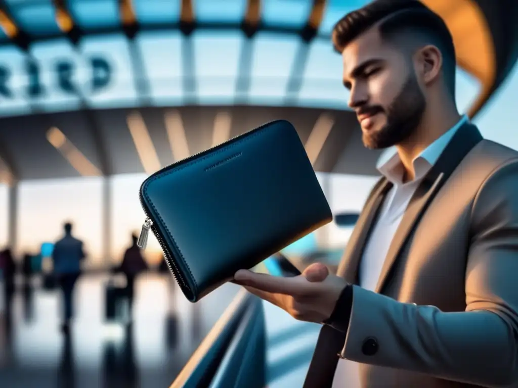 Viajero seguro y tecnológico con billetera RFID Viajero seguro con billetera RFID y smartphone protegido