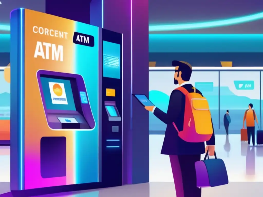 Viajero seguro en aeropuerto con ATM futurista Viajero seguro en aeropuerto: consejos para viajeros maduros