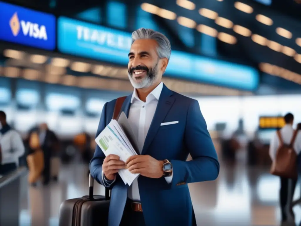 Viajero preparado con documentación Viajero maduro en aeropuerto, documentación y diversidad