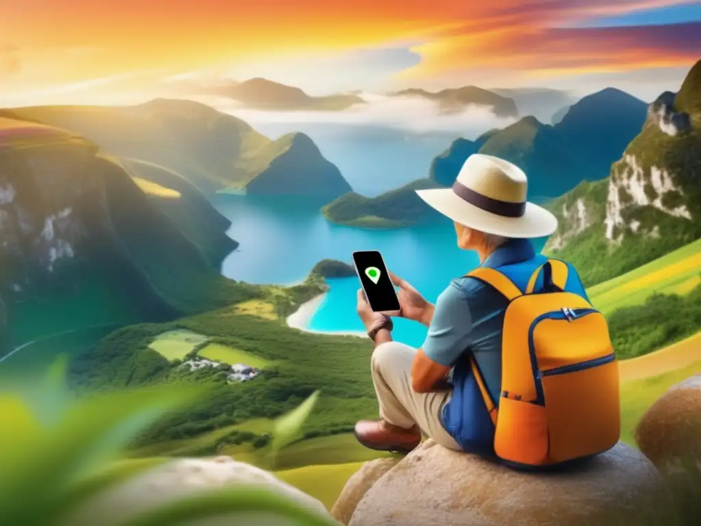 Maduro viajero asegurando su smartphone Viajero maduro disfrutando de la naturaleza y seguridad en redes sociales