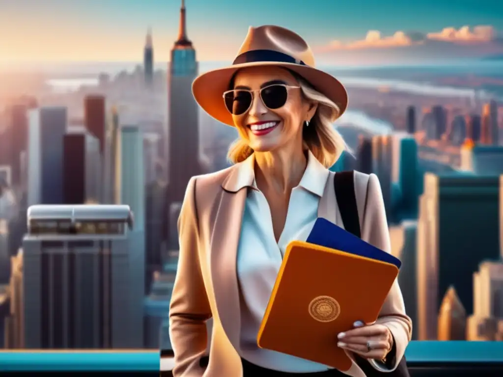 Viajero maduro sonriente en vibrante ciudad Viajero maduro sonriente con pasaporte, explorando ciudad vibrante