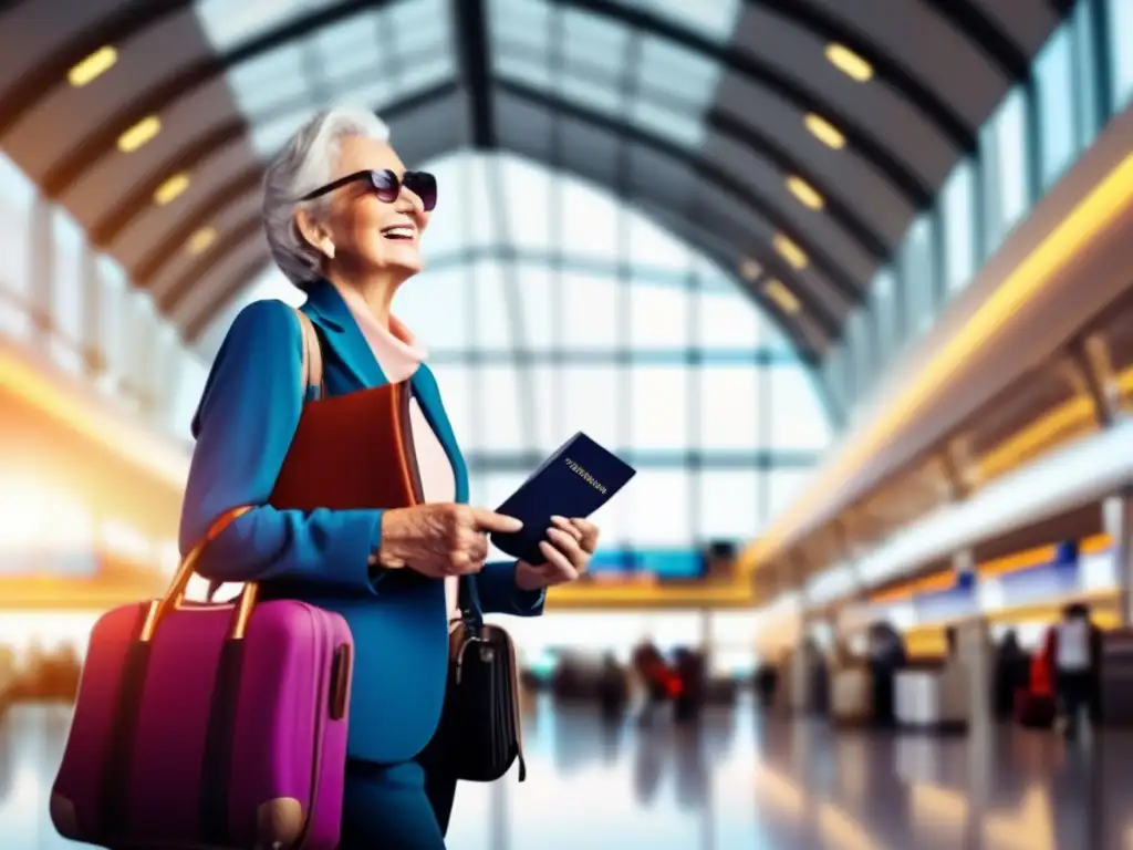 Emocionado viajero senior en aeropuerto Viajero senior en aeropuerto con documentos esenciales
