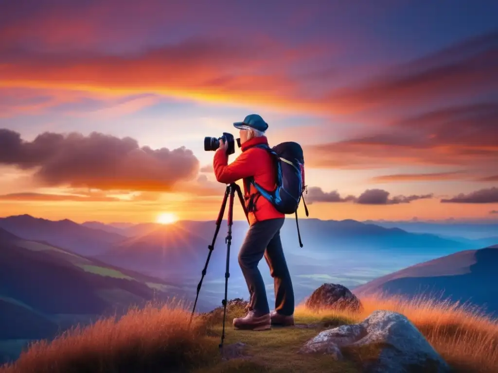 Fotógrafo senior en montaña Fotografía de viajero senior con accesorios fotográficos