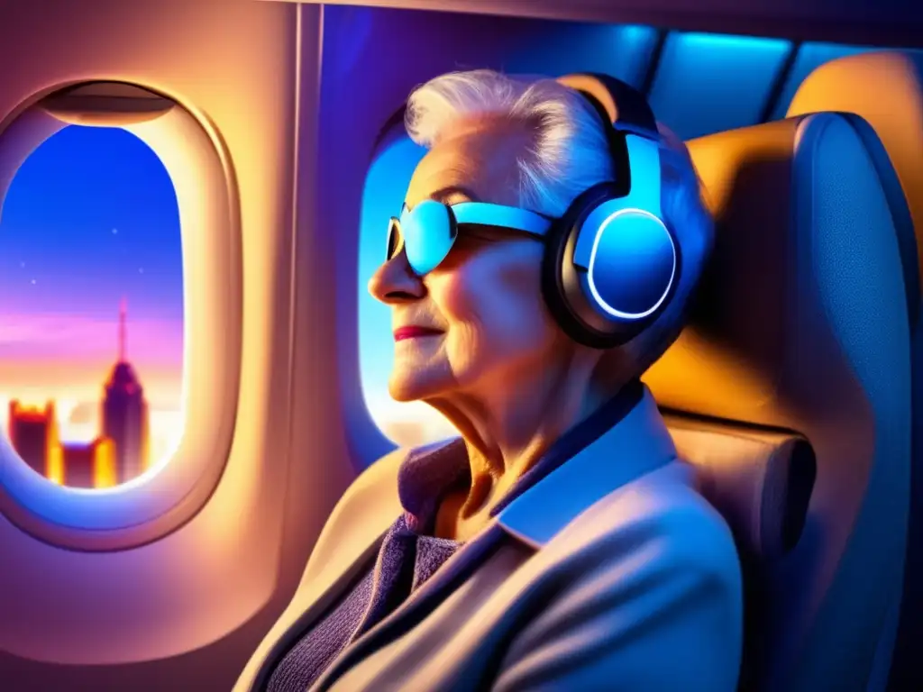 Viaje cómodo en avión para adultos mayores Viajero senior relajado, consejos sueño y zonas horarias
