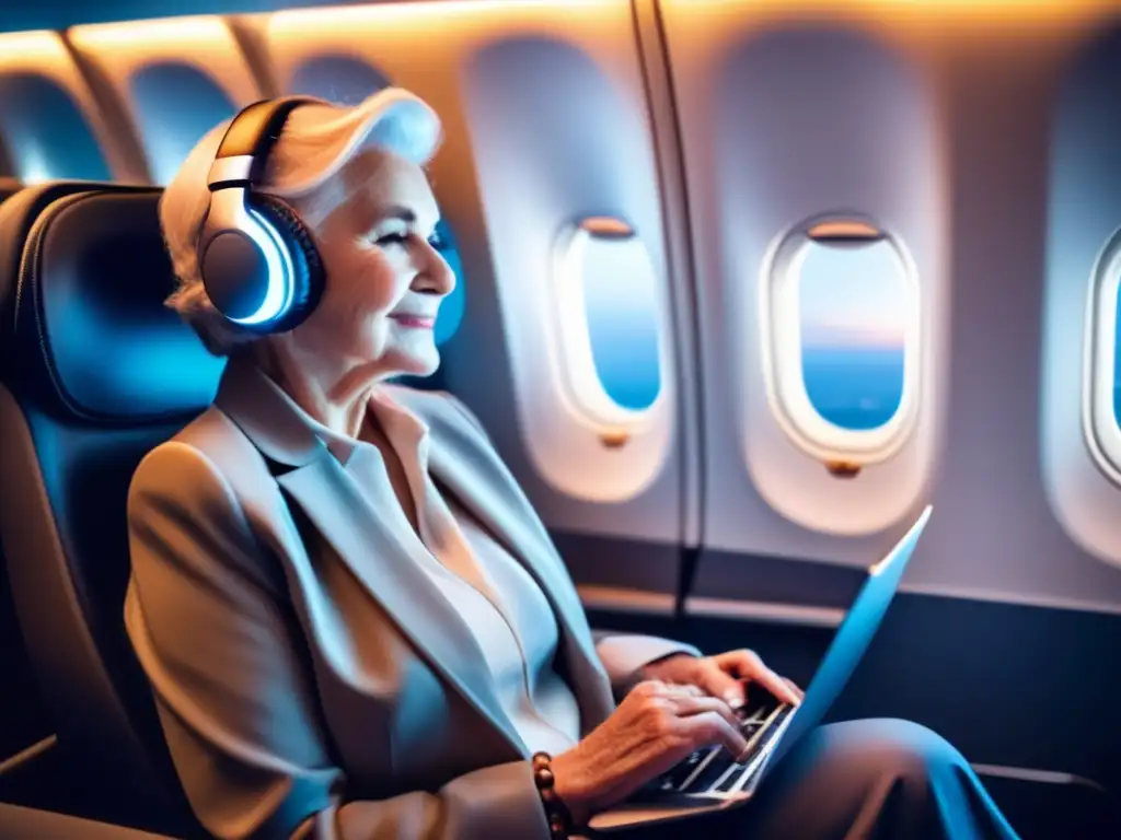 Senior viajero disfrutando del vuelo con tecnología moderna Tecnología esencial para viajeros seniors, con cómodos auriculares inalámbricos y un elegante ambiente de cabina futurista