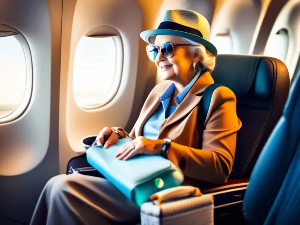 Viajero senior preparado y cómodo Riesgos viaje seniors: persona mayor preparada, comodidad en avión, viaje esenciales, seguridad, hidratación, descanso, evitar objetos valiosos