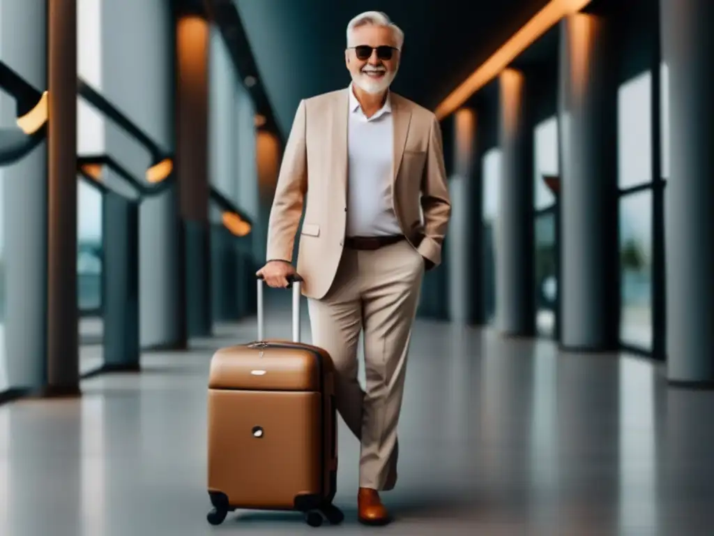 Viajero mayor preparado y elegante con equipaje moderno Guía equipaje viaje largo seniors: senior traveler bien vestido con equipaje moderno y cómodo para explorar diferentes destinos