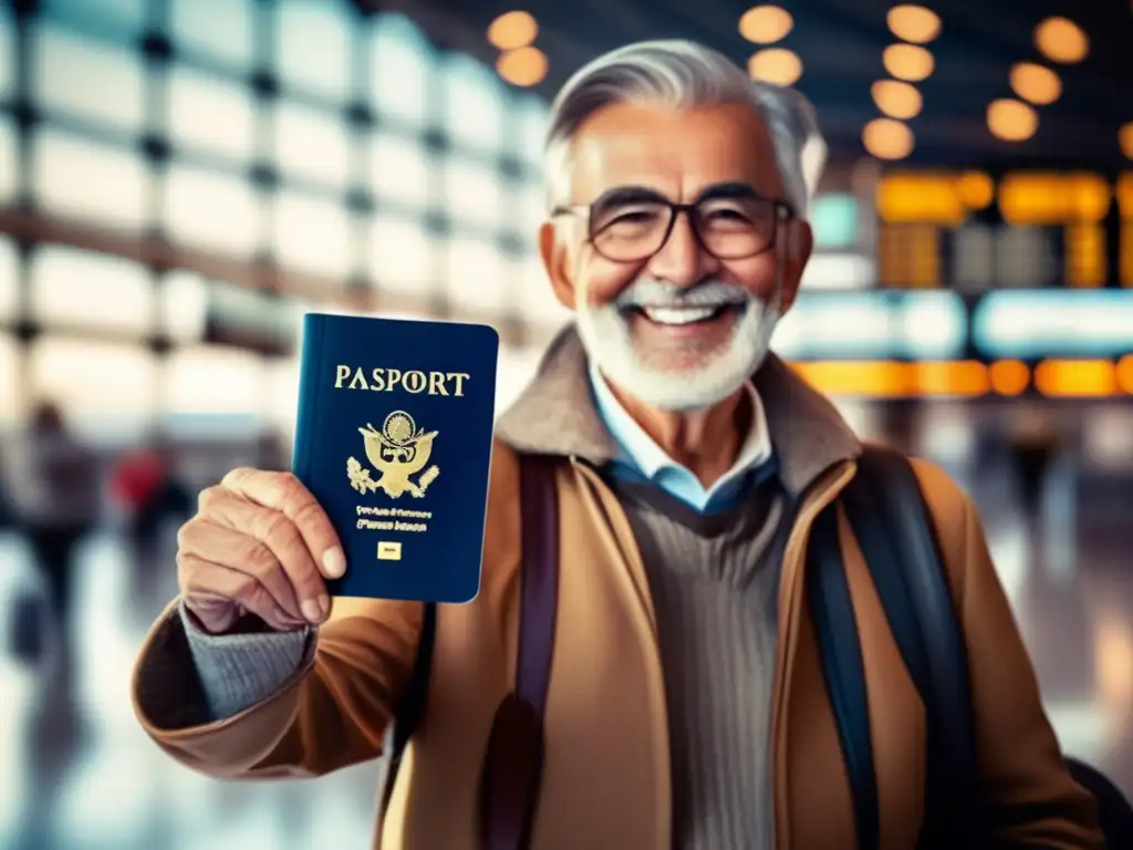 Viajero senior con pasaporte en aeropuerto Senior viajero sonriendo con documentos de viaje en aeropuerto - Consejos documentos viaje senior