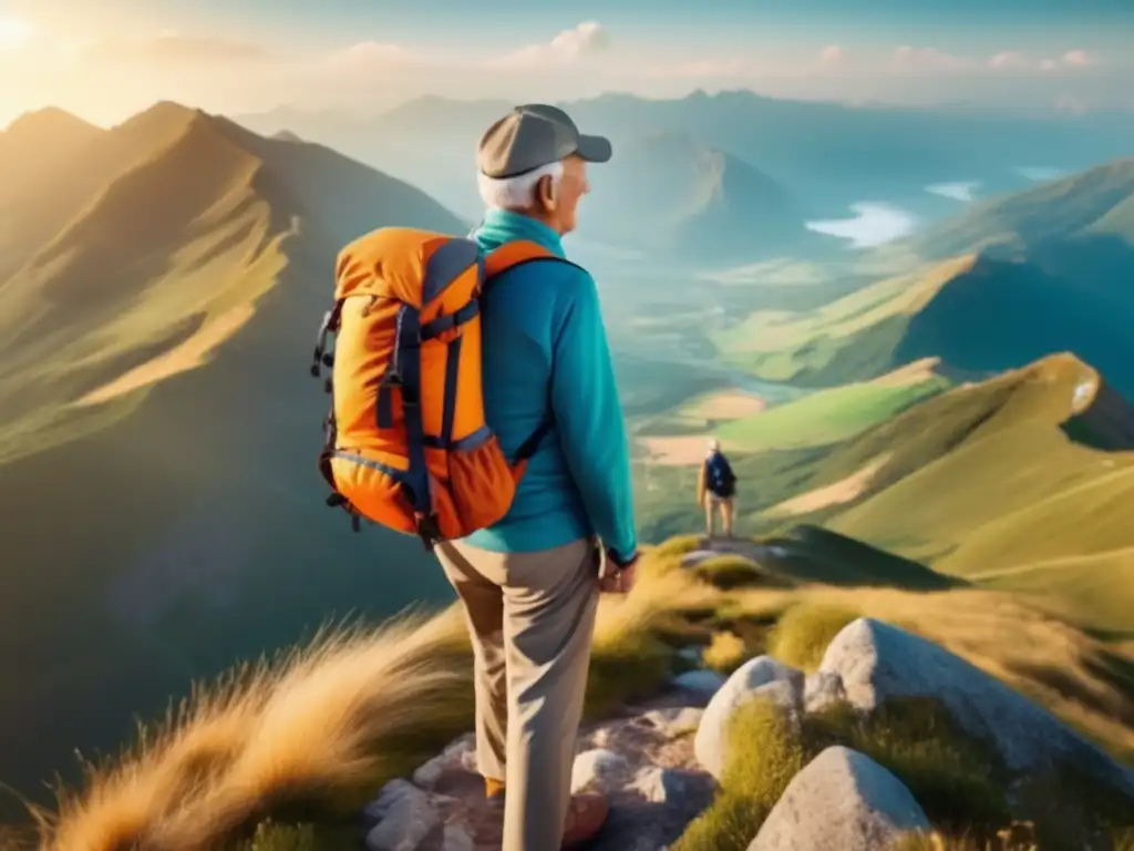 Senior viajero emocionado con tecnología Tecnología imprescindible para viajeros seniors en montaña