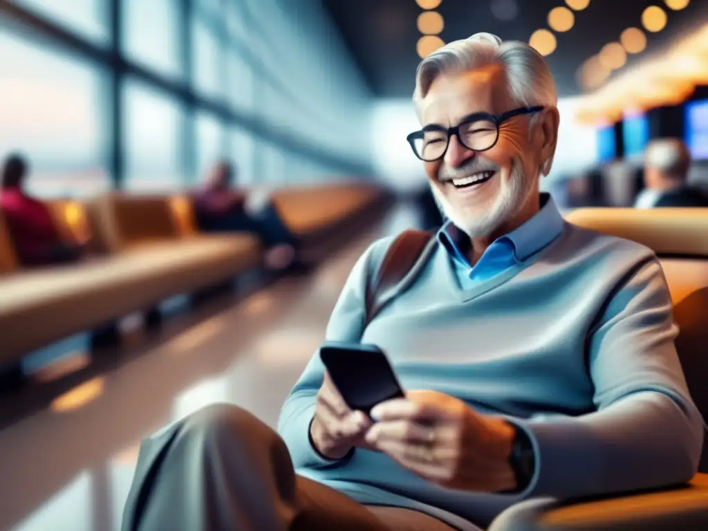 Viajero senior disfrutando de app de viajes Tecnología imprescindible: viajero senior en aeropuerto con app de viajes y otros seniors conectados