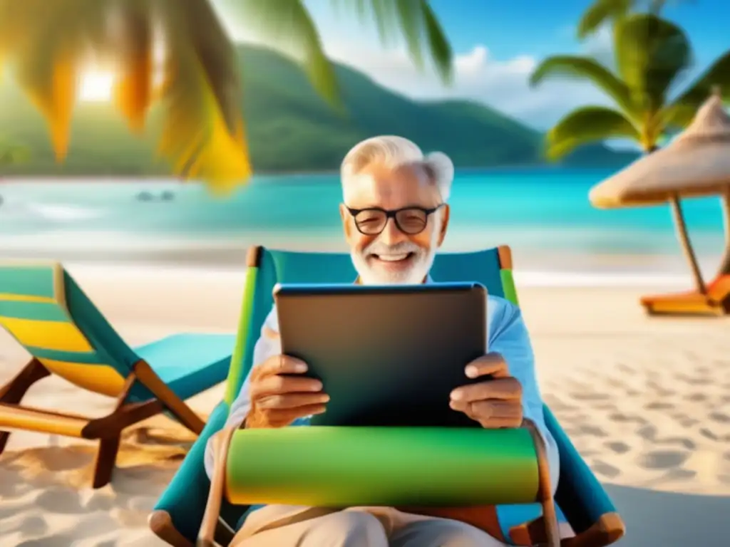 Viajero senior disfrutando de una playa paradisíaca con una tablet Consejos de viaje para seniors con tablet en una playa tropical