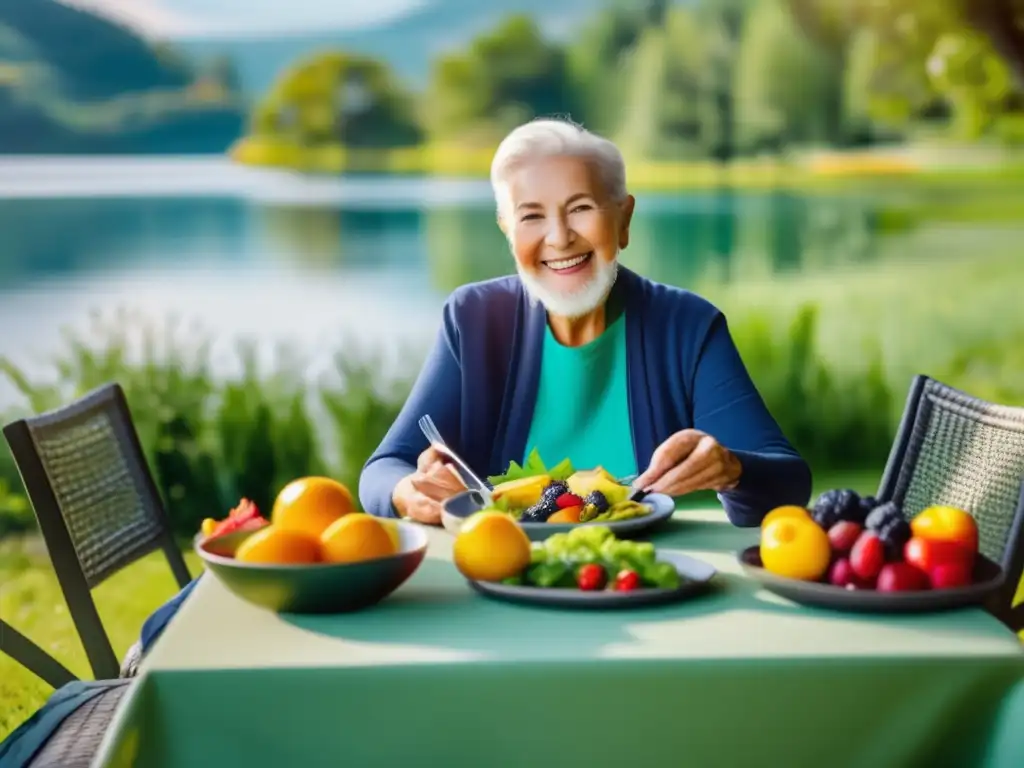 Un viajero mayor disfrutando de una comida saludable al aire libre Viajero senior disfrutando de una comida saludable en un entorno pintoresco - Dietas saludables para viajeros senior