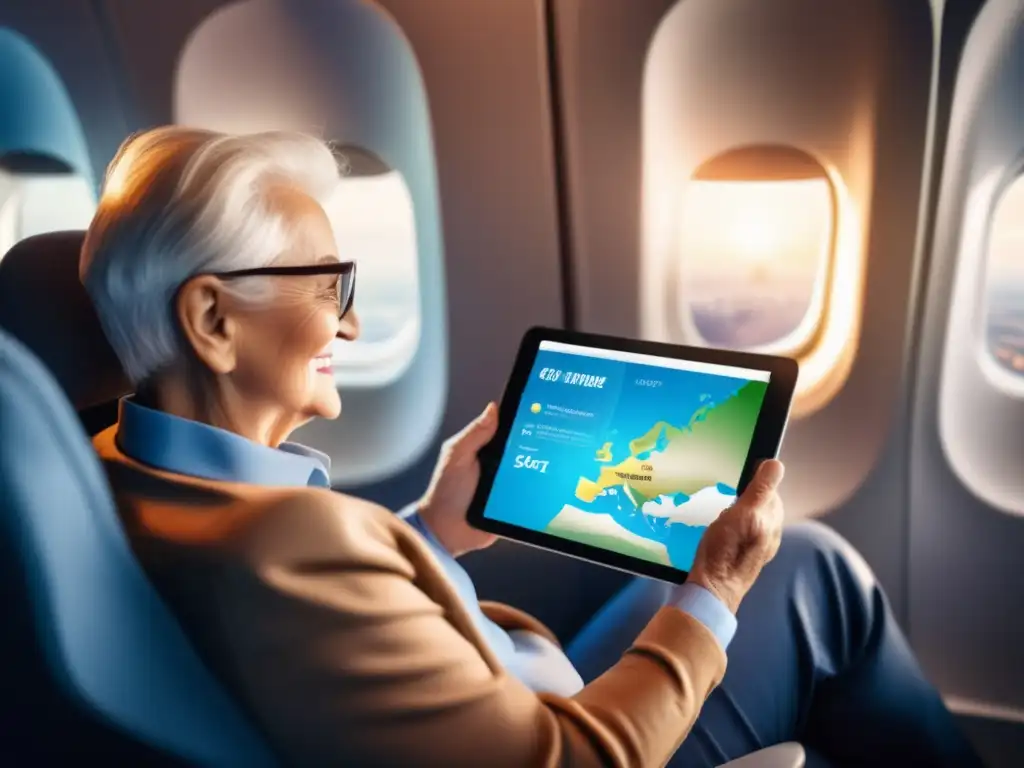Viajero senior disfrutando de tablet en avión Un senior disfruta de viajar con tablet: Consejos de viaje para seniors con tablet