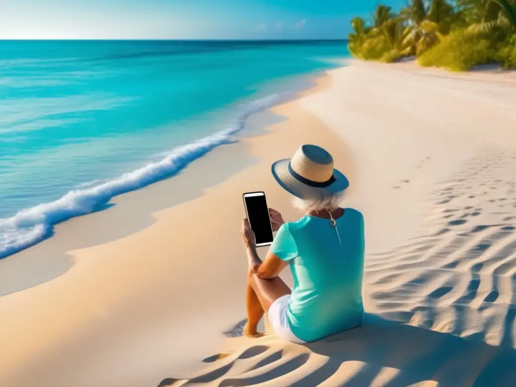 Consejos para viajero senior con smartphone en playa idílica