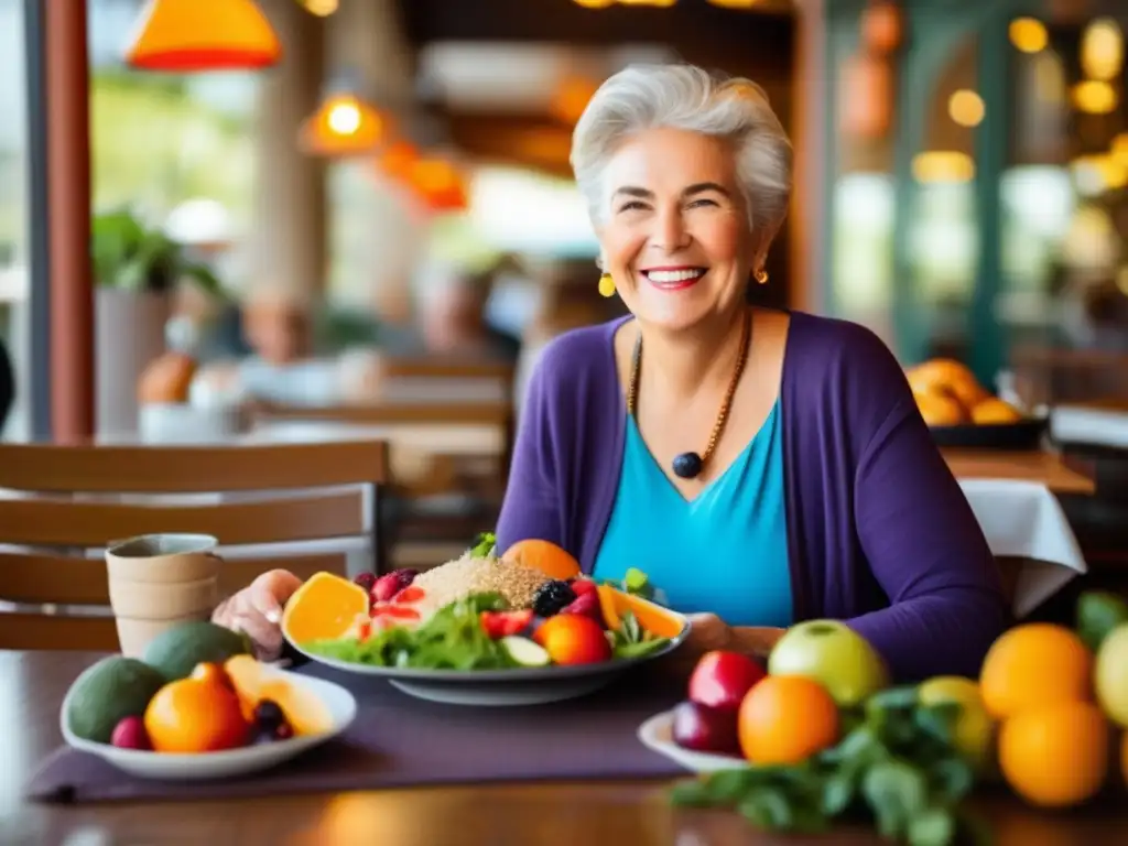 Senior disfrutando comida saludable Nutrición saludable para viajeros senior cardiacos, mesa con alimentos vibrantes y escenario pintoresco