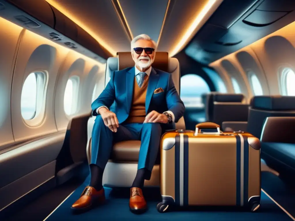 Viajero elegante y accesorios de viaje de alta calidad Mejores accesorios viaje adultos mayores: senior elegante en avión, equipaje, bolso, almohada ergonómica