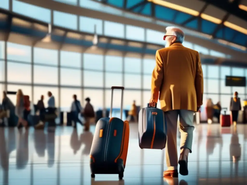 Viajero senior con maleta moderna en aeropuerto Viajero senior con equipaje de mano: consejos y estilo
