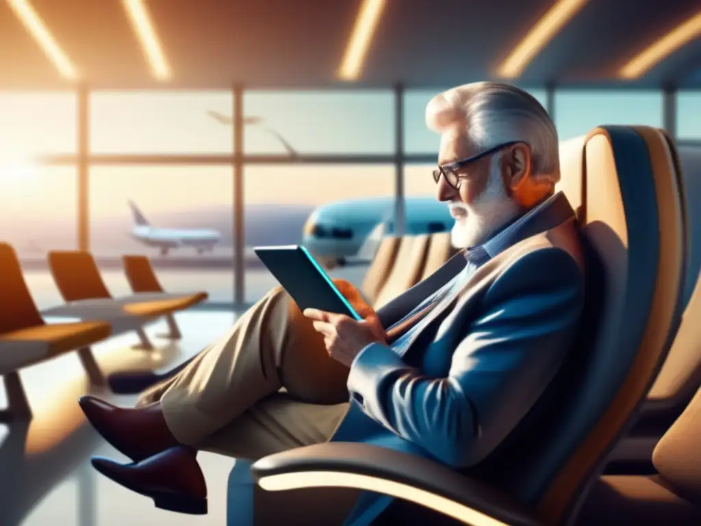 Viajero senior disfrutando su tablet Consejos de viaje para seniors con tablet en cómodo aeropuerto