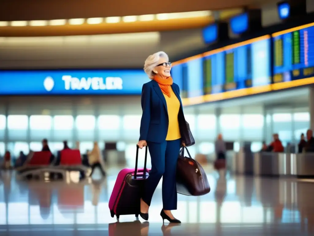 Viajero senior disfrutando aeropuerto Consejos equipaje mano viajeros senior: Viajero sonriente, aeropuerto moderno, salud y bienestar, movilidad y accesibilidad, adaptadores y cargadores
