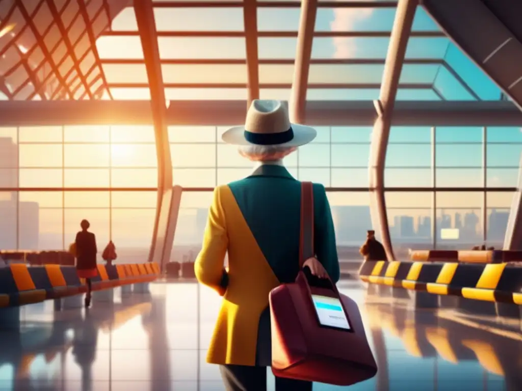 Viajero senior en aeropuerto moderno Viajero senior en aeropuerto con documentos necesarios