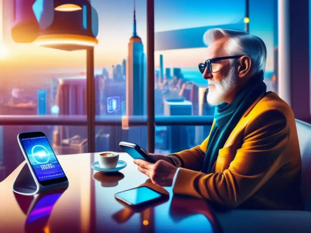 Senior viajero en café futurista con smartphone Consejos privacidad digital viajero senior en moderna cafetería futurista