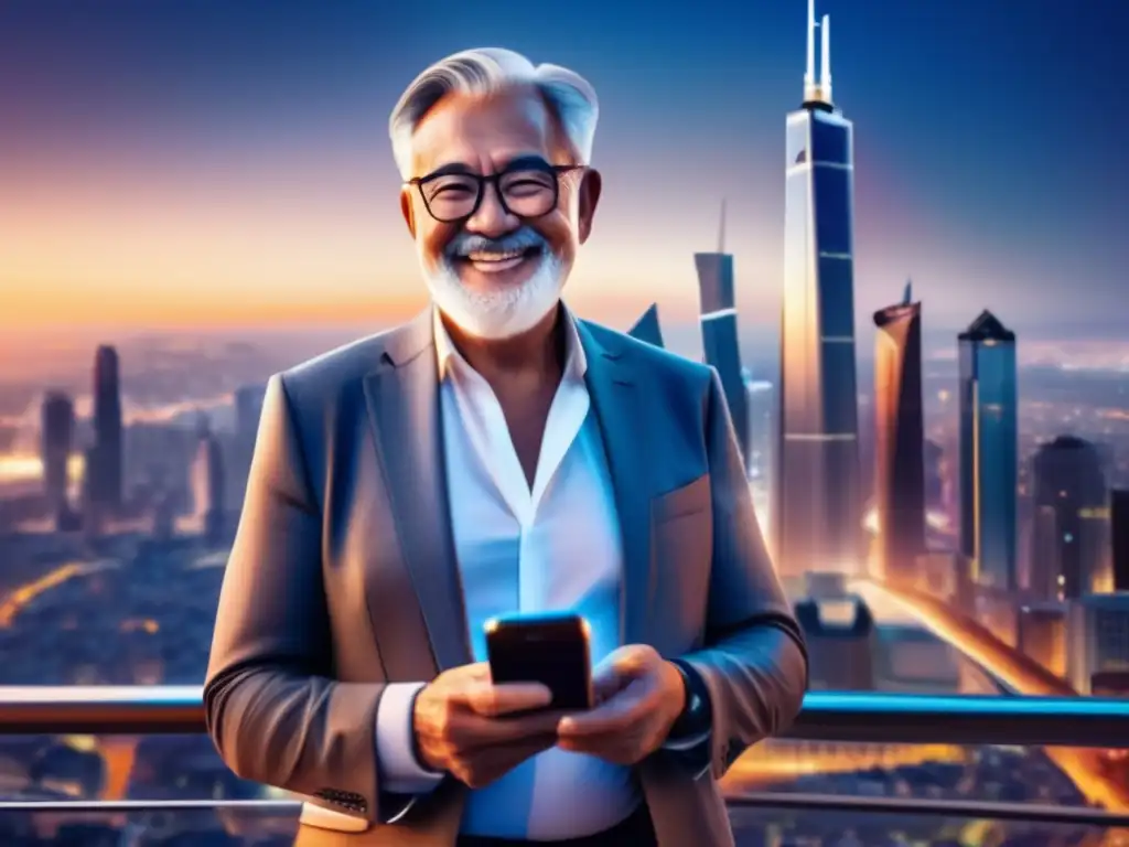 Consejos para viajero senior con smartphone y ciudad impresionante
