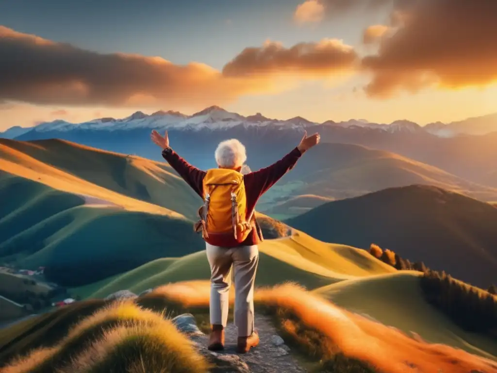 Viajero senior en montaña, paisaje impresionante Viajar solo como senior: consejos y experiencias en un paisaje impresionante y vibrante