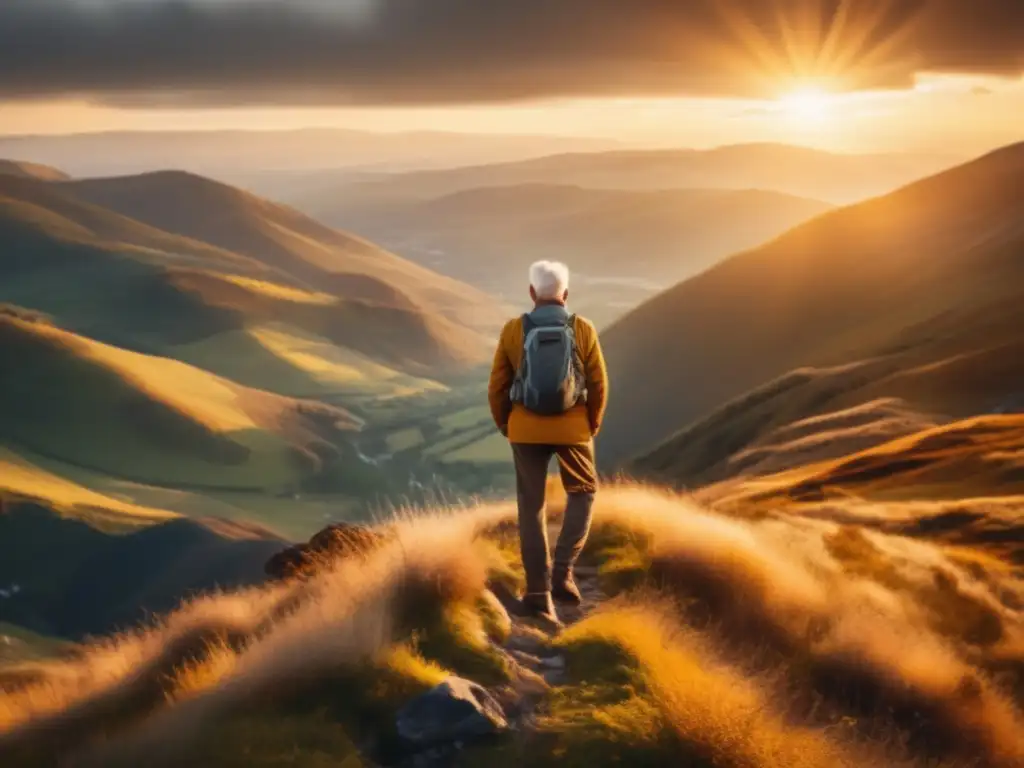 Viajero senior en montaña solitaria Un viajero senior en una montaña, rodeado de paisajes serenos y con una puesta de sol dorada