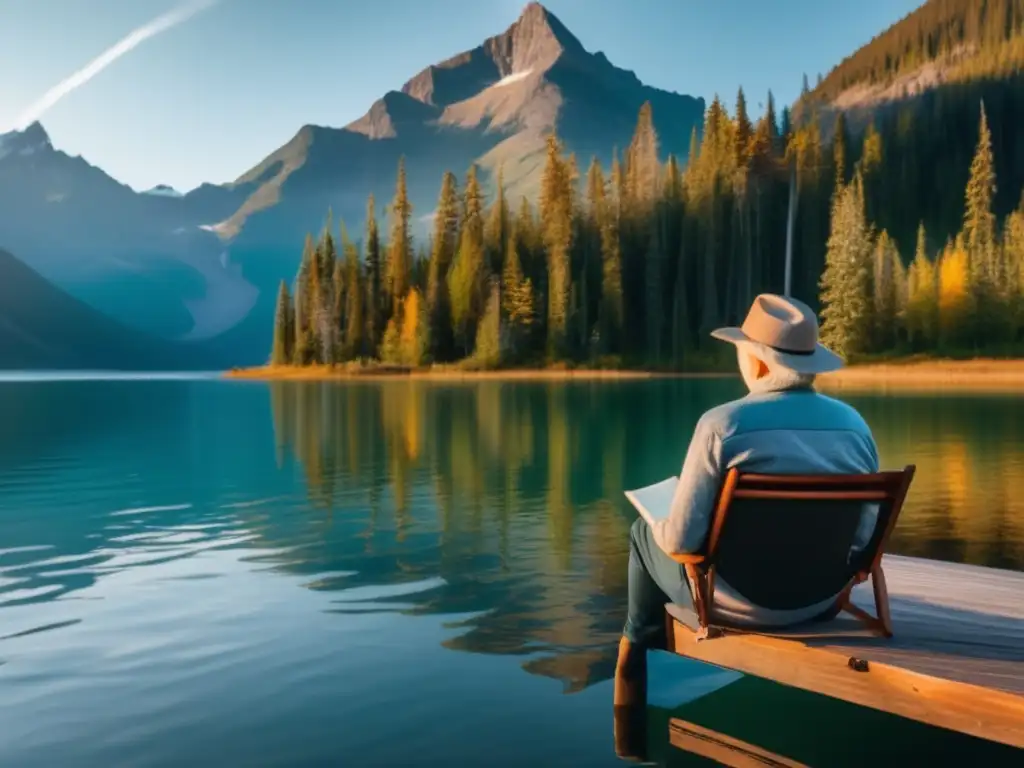 Senior traveler learning English in Canada Taller de idiomas para viajes senior en un hermoso muelle en Canadá rodeado de montañas y un lago cristalino