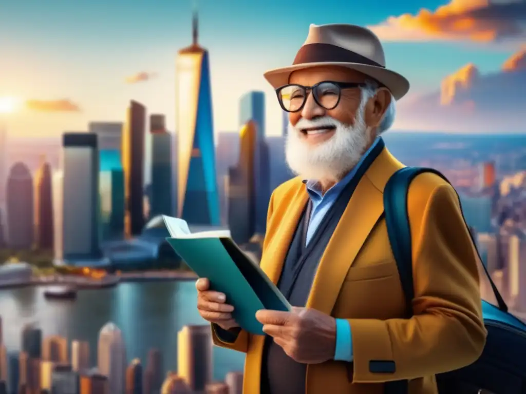 Viajes inspiradores para adultos mayores - Documentación y aventuras en vibrante ciudad con atardecer iluminado