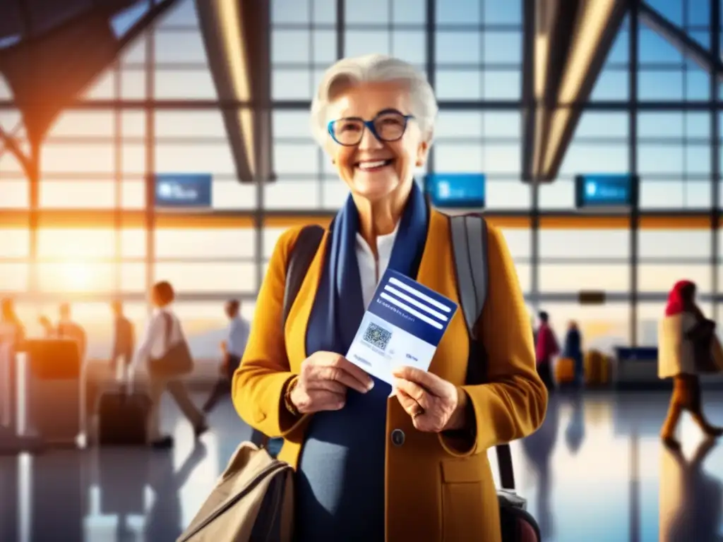 Viajero senior preparado y confiado Documentos esenciales para viajeros seniors en aeropuerto