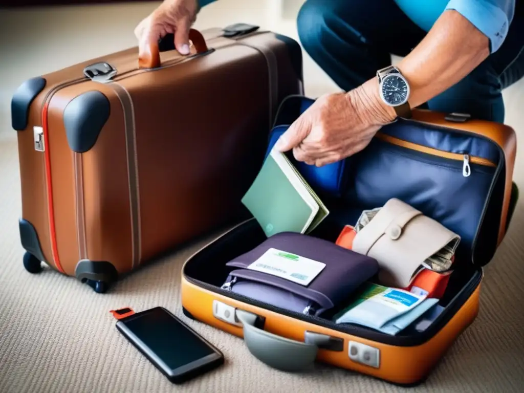 Empacando con seguridad: consejos para viajeros seniors Viajero senior cuidadosamente empacando su equipaje con precauciones de seguridad