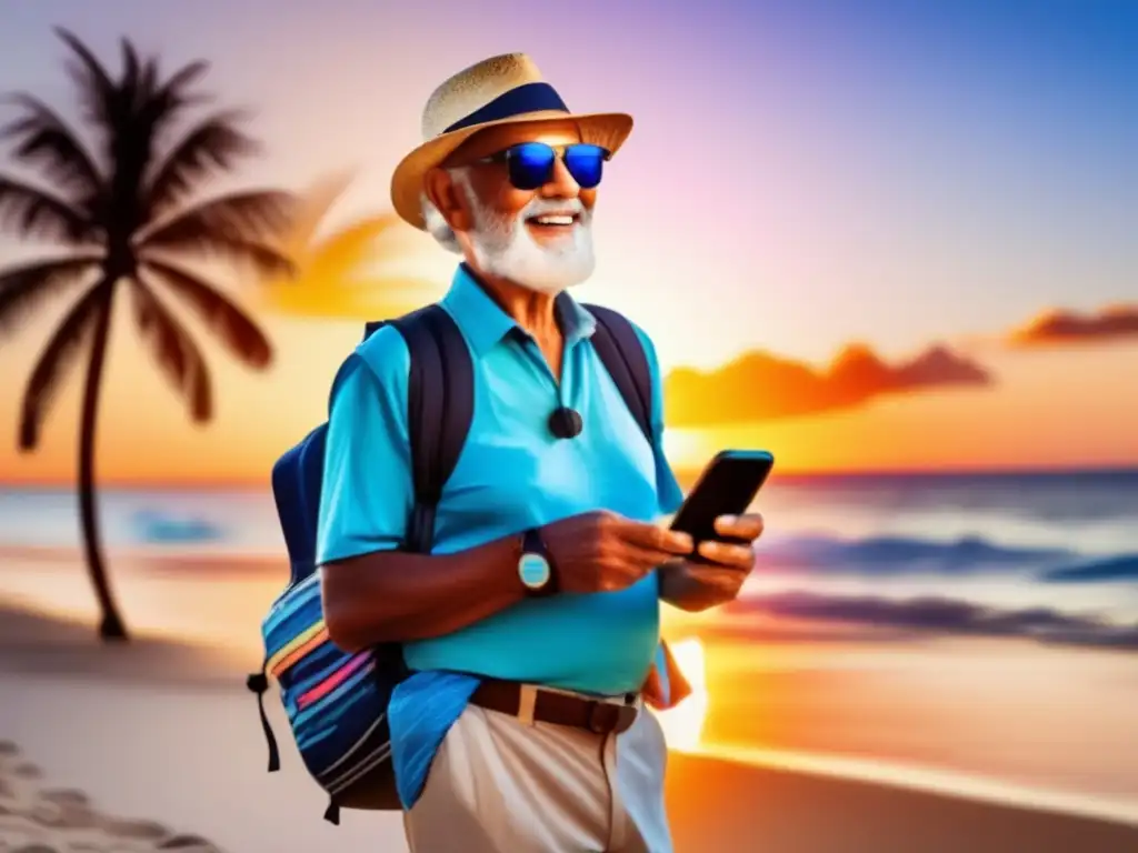 Senior viajero frente a una hermosa puesta de sol en una playa tropical, con un mensaje sobre estafas de viaje