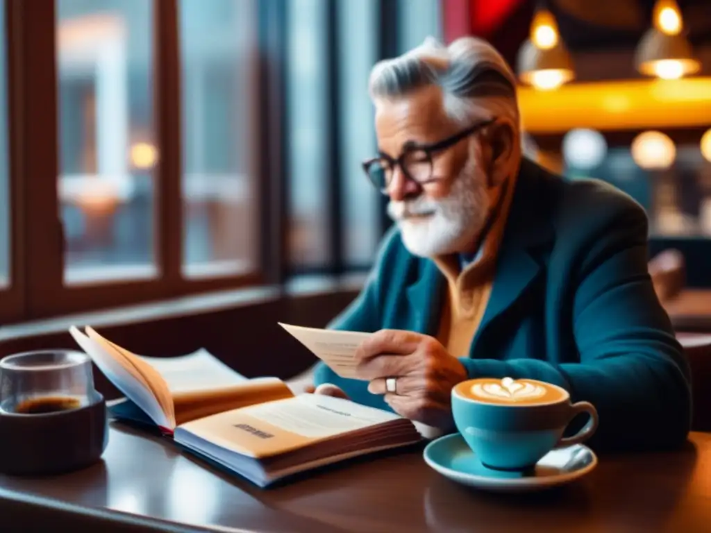 Documentación viajes adulto mayor en café, con pasaporte, café, documentos y ambiente acogedor