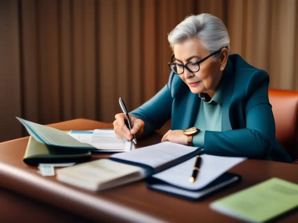 Viajero senior revisando documentos de viaje Documentación viajes seniors: Viajero senior revisando documentos de viaje en una oficina moderna con vista al aeropuerto