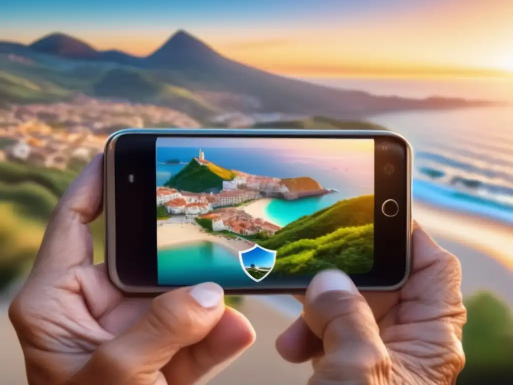 Consejos para viajero senior con smartphone: seguridad, tecnología y felicidad en un vibrante paisaje