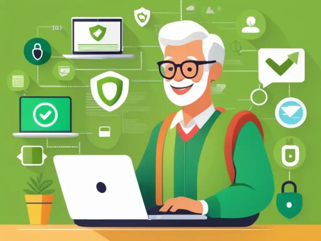 Viajero senior seguro en laptop moderna Consejos seguridad online para viajero senior con laptop y elementos de seguridad