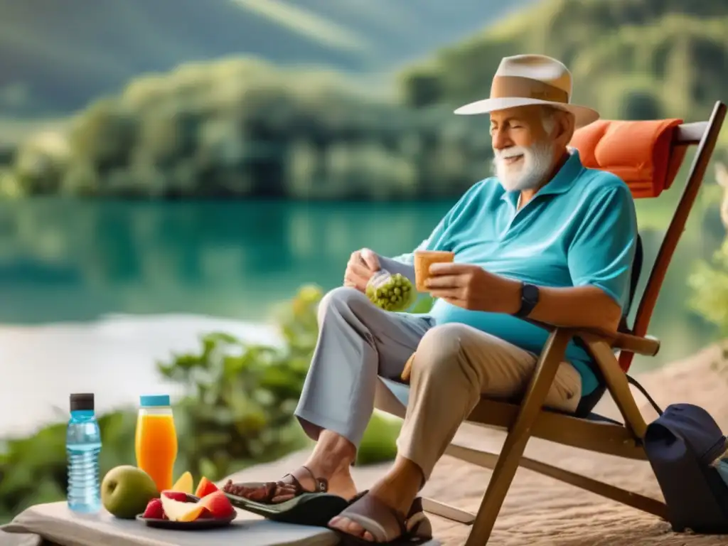 Viajero senior disfrutando de snacks saludables Consejos alimentación saludable viajes senior: Imagen de un viajero senior con una silla cómoda, snacks saludables y botella de agua