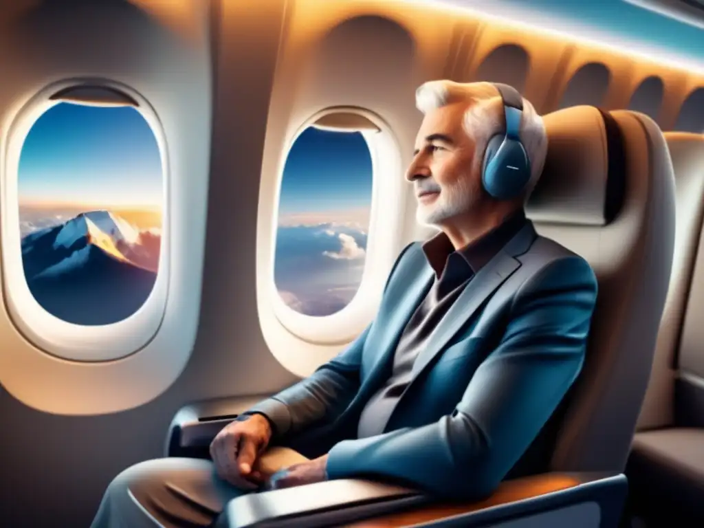 Senior viajero disfrutando vuelo tranquilo Senior tranquilo disfrutando viaje largo en avión - Guía equipaje viaje largo seniors