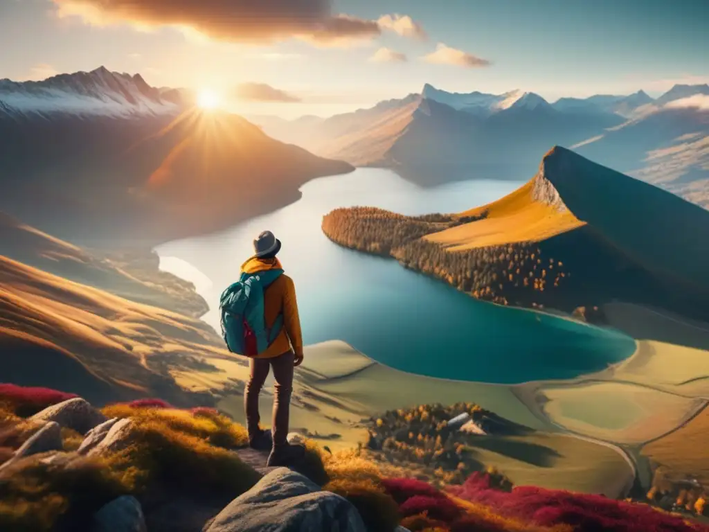 Viajero sereno en acantilado Viajero con actitud positiva en impresionante paisaje montañoso y lago tranquilo