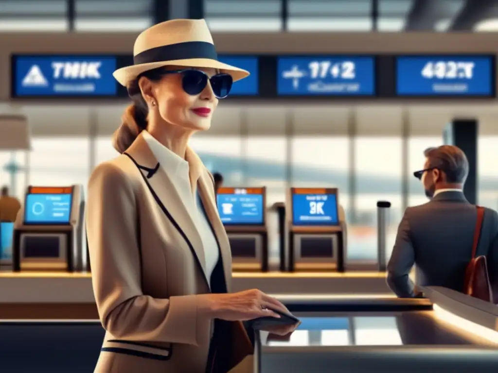 Viajero elegante en mostrador de check-in Viajar con equipaje ligero: viajero elegante en mostrador de aeropuerto, personal amable, decisiones de equipaje