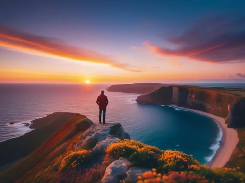 Viajero en el acantilado al atardecer Experiencias de viajar solo en la Madurez, atardecer impresionante