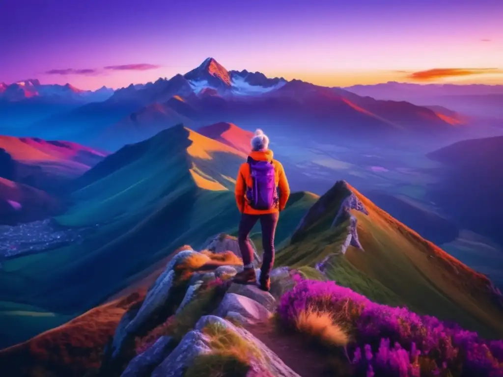 Viajero maduro en cima montaña al atardecer Viajar solo en la madurez: imagen impactante de viajero en montaña con atardecer