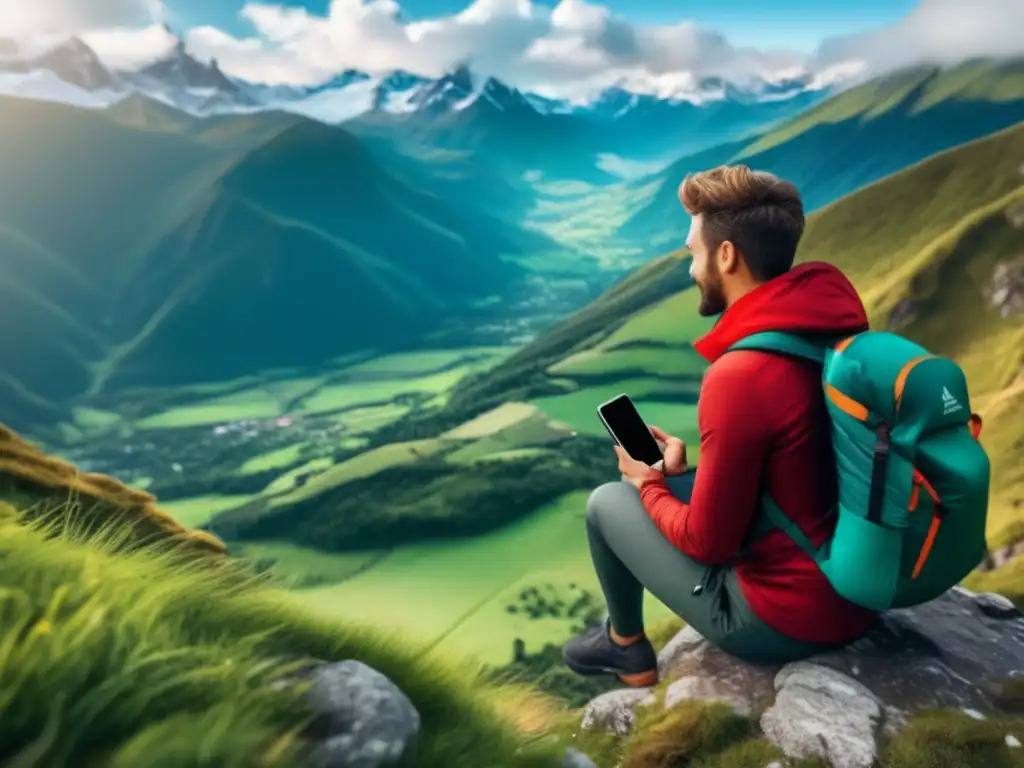 Viajero conectado en montaña pintoresca Consejos para evitar aislamiento digital en viajes: Viajero conectado en montaña con paisaje impresionante