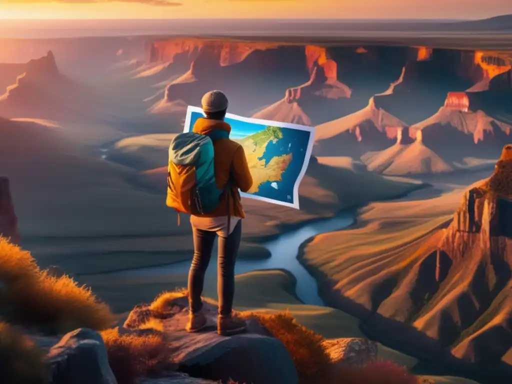 Aventurero solitario en majestuoso paisaje Un viajero solitario frente a un paisaje majestuoso, simbolizando la aventura y la introspección